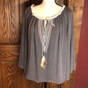 Boho Bell Sleeve Top w/ Feather Embellishments
